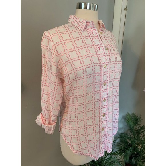 Women’s Linen pink & white clover leaf button up blouse PM M summer comfort Prep - Picture 2 of 12